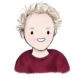 Drawing of Ashton Six, with fluffy hair and a red jumper